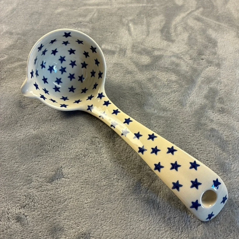 Poland Hand Made Polish Pottery Ladle Blue Rose Pattern Pour Spout 9.5in